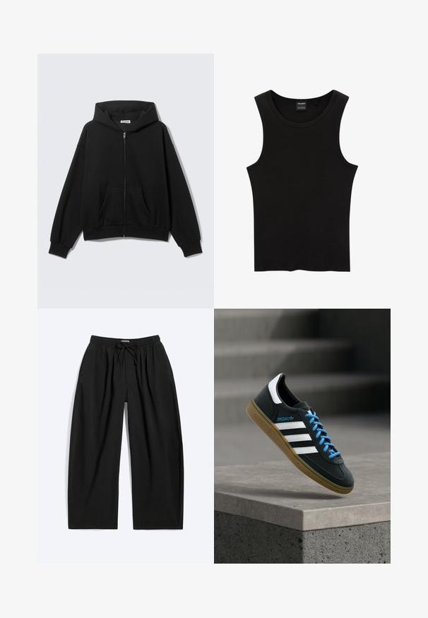 Sweat à capuche noir zippé avec poches avant, manches longues et capuche, présenté sur un fond uni clair.; Débardeur noir à côtes avec un col rond et de larges emmanchures, fabriqué à partir d'un tissu doux et extensible. Étiquette : Pull&Bear.; Pantalon noir à jambes larges avec taille élastique et cordon, avec poches latérales et coupe décontractée.; Baskets Adidas noires avec des rayures blanches, des lacets bleus et une semelle en gomme flottant au-dessus d'une marche en béton grise sous une lumière douce.