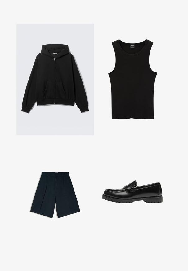 Sweat à capuche noir zippé avec poches avant, manches longues et capuche, présenté sur un fond uni clair.; Débardeur noir à côtes avec un col rond et de larges emmanchures, fabriqué à partir d'un tissu doux et extensible. Étiquette : Pull&Bear.; Shorts noirs longueur genou avec passants de ceinture, plis sur le devant et une fermeture avant cachée, présentés sur un fond blanc.; Mocassin en cuir noir avec une semelle en caoutchouc épaisse et un détail classique de bride à monnaie, vu de côté extérieur.