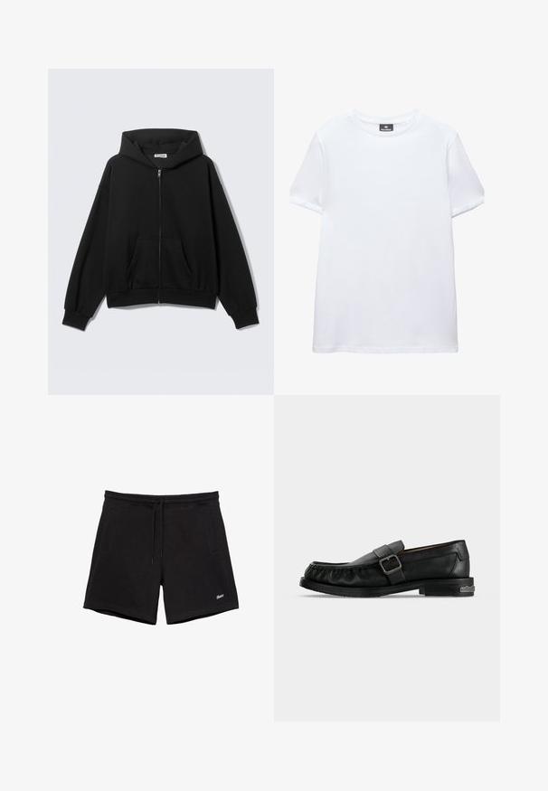 Sweat à capuche noir zippé avec poches avant, manches longues et capuche, présenté sur un fond uni clair.; T-shirt blanc uni à manches courtes, col rond, avec une étiquette noire Pull&Bear à l'intérieur du col, présenté sur fond blanc.; Shorts noirs décontractés avec une ceinture élastique, un cordon de serrage, deux poches latérales et un petit logo blanc brodé sur la jambe gauche.; Mocassin en cuir noir avec une bride à boucle, détails cousus autour de la pointe, et un petit talon avec un accent métallique.