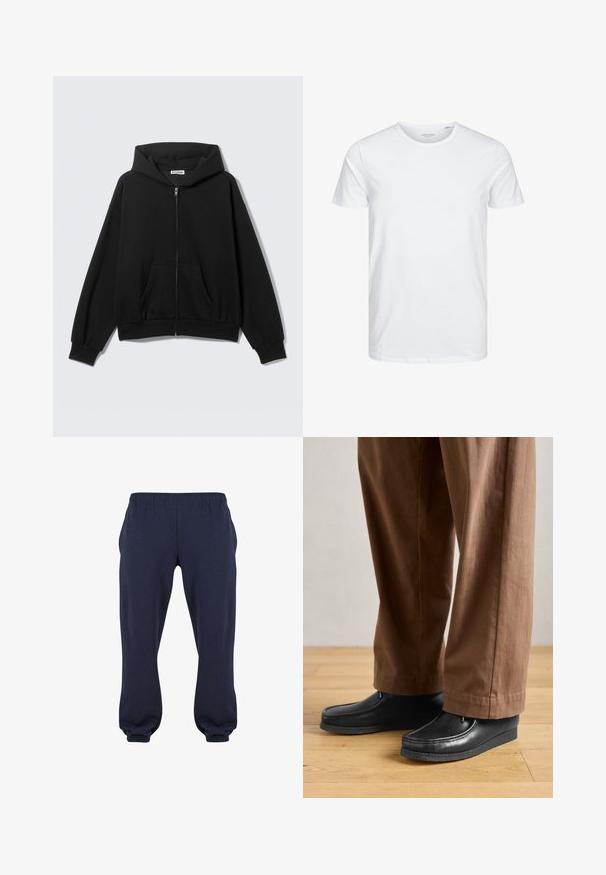 Sudadera negra con cremallera, bolsillos delanteros, mangas largas y capucha, mostrada sobre un fondo liso y claro.; Camiseta de manga corta y cuello redondo en blanco sólido, fabricada en algodón suave, presenta un diseño simple sin patrones ni acentos visibles.; Pantalones sudadera azul marino con cintura elástica y puños ajustados, confeccionados en tela suave, sin patrones ni herrajes visibles.; Zapatos de cuero negros con diseño de mocasín y detalles de costura, combinados con pantalones marrones, sobre un suelo de madera.