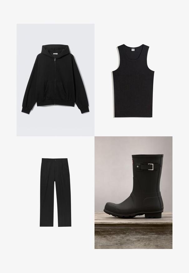 Sweat à capuche noir zippé avec poches avant, manches longues et capuche, présenté sur un fond uni clair.; Débardeur noir en coton, doté d'un col rond et d'une coupe sans manches. Texture lisse sans motifs ni accents visibles.; Pantalons noirs au design droit, fabriqués à partir d'un tissu lisse. Dotés de plis sur le devant et d'une fermeture à un bouton à la taille.; Botte de pluie en caoutchouc noir avec un petit talon, un bout arrondi et un accent en boucle en argent. Présente une semelle texturée pour une meilleure adhérence.