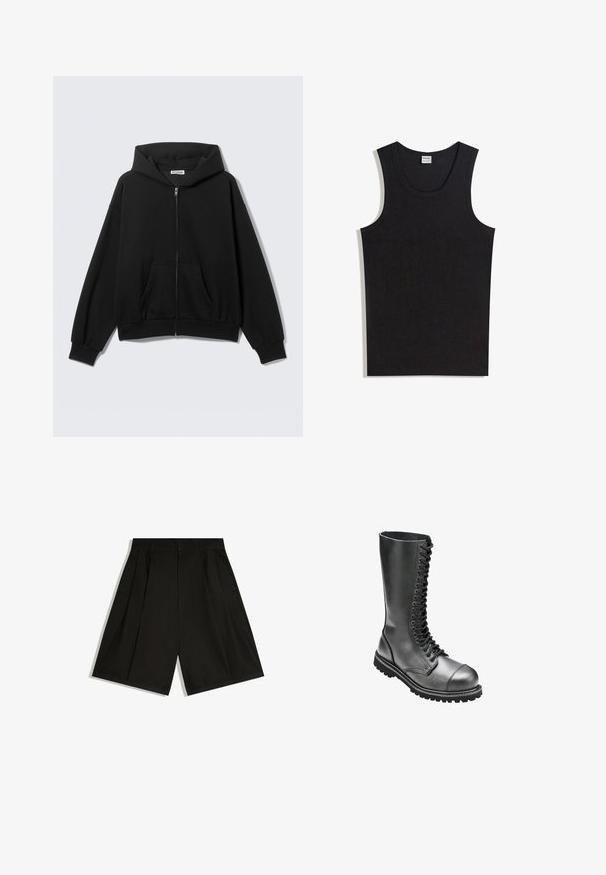 Zwarte hoodie met rits, voorzakken, lange mouwen en capuchon, getoond tegen een effen lichte achtergrond.; Zwart katoenen tanktop met een ronde halslijn en zonder mouwen. Gladde textuur zonder zichtbare patronen of accenten.; Zwarte shorts met een hoge taille, plooien en riemlussen, ritssluiting aan de voorkant en zijzakken, weergegeven op een witte achtergrond.; Zwarte leren veterlaarzen met een hoge schacht, ronde neus, gewatteerde kraag en een geprofileerde rubberen zool voor betere grip.