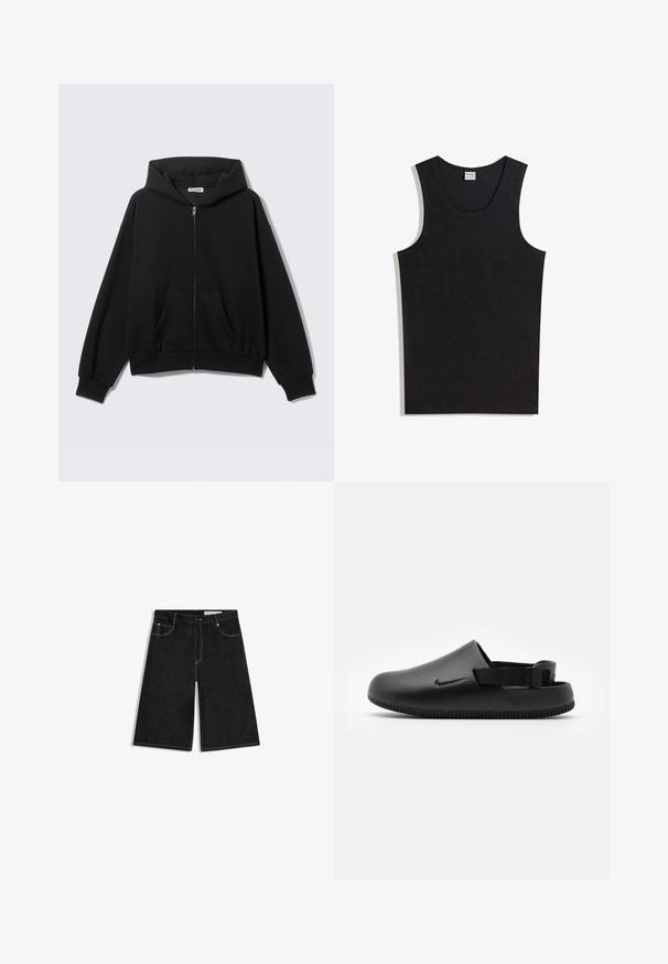 Sort hættetrøje med lynlås foran, forlommer, lange ærmer og hætte, vist mod en ensfarvet lys baggrund.; Sort tanktop lavet af bomuld med rund halsudskæring og ærmeløs design. Glat tekstur uden synlige mønstre eller accenter.; Sorte denim shorts til knæet med forlommer, knaplukning og synlige hvide syninger, lagt fladt på en hvid baggrund.; Sorte formede klipklapper med en glat overflade, rygstrop for stabilitet og en ribbet sål for greb. Fungerer med et lille logo på siden.