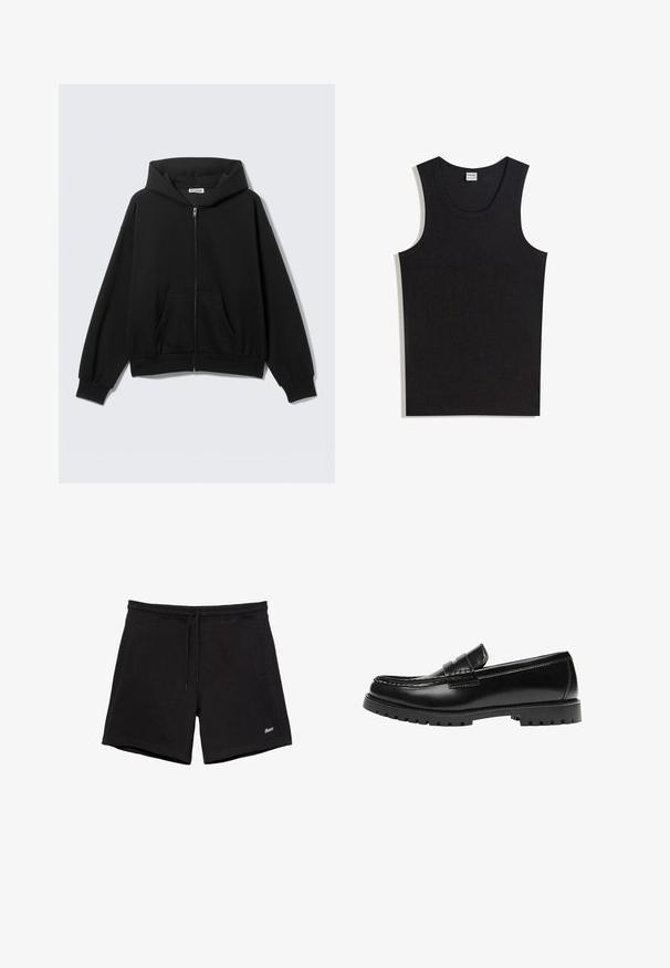 Sweat à capuche noir zippé avec poches avant, manches longues et capuche, présenté sur un fond uni clair.; Débardeur noir en coton, doté d'un col rond et d'une coupe sans manches. Texture lisse sans motifs ni accents visibles.; Shorts noirs décontractés avec une ceinture élastique, un cordon de serrage, deux poches latérales et un petit logo blanc brodé sur la jambe gauche.; Mocassin en cuir noir avec une semelle en caoutchouc épaisse et un détail classique de bride à monnaie, vu de côté extérieur.