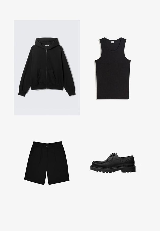 Sort hættetrøje med lynlås foran, forlommer, lange ærmer og hætte, vist mod en ensfarvet lys baggrund.; Sort tanktop lavet af bomuld med rund halsudskæring og ærmeløs design. Glat tekstur uden synlige mønstre eller accenter.; Sorte shorts lavet af stof med en glat tekstur, der har en frontknaplukning, to sidelommer og et plisseret design.; Sort læder snøresko med tyk, robust sål og detaljerede syninger på oversiden, designet til formelt eller afslappet brug.