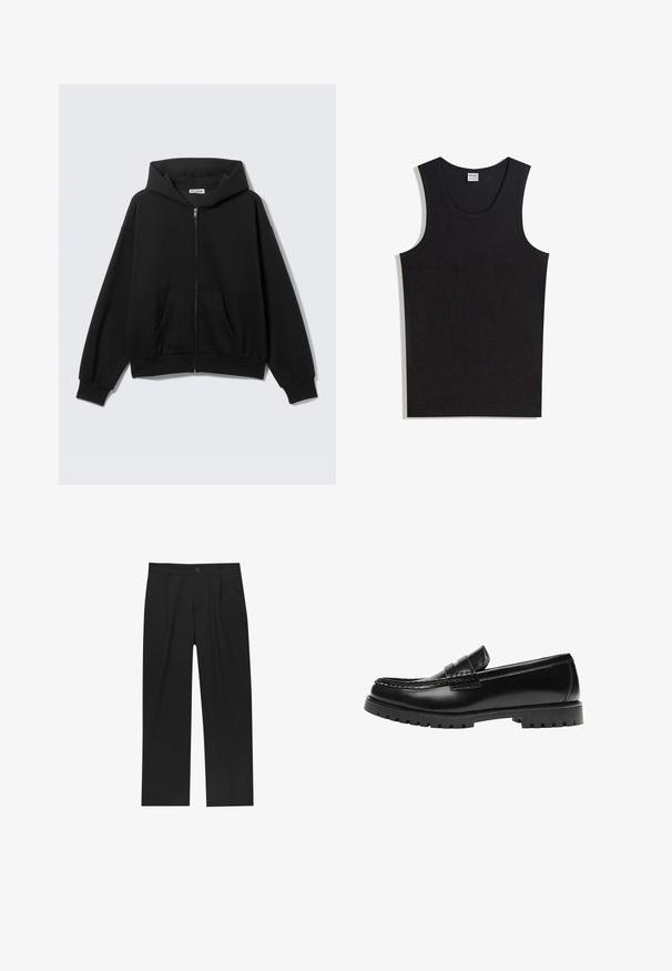 Sweat à capuche noir zippé avec poches avant, manches longues et capuche, présenté sur un fond uni clair.; Débardeur noir en coton, doté d'un col rond et d'une coupe sans manches. Texture lisse sans motifs ni accents visibles.; Pantalons noirs au design droit, fabriqués à partir d'un tissu lisse. Dotés de plis sur le devant et d'une fermeture à un bouton à la taille.; Mocassin en cuir noir avec une semelle en caoutchouc épaisse et un détail classique de bride à monnaie, vu de côté extérieur.