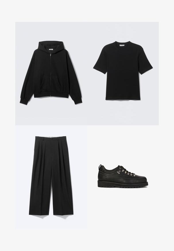 Sort hættetrøje med lynlås foran, forlommer, lange ærmer og hætte, vist mod en ensfarvet lys baggrund.; Sort kortærmet T-shirt med rund hals og "WEEKDAY" mærke på indersiden af kraven, vist fladt på en lys baggrund.; Sorte bukser med vide ben, forplisser, bæltestropper og knaplukning vist på en ensartet lys baggrund.; Kazar Studio KS BLAISE - Sporty snøresko - black
