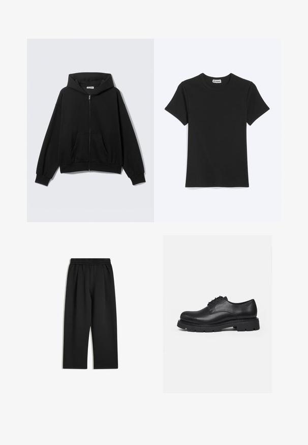 Sort hættetrøje med lynlås foran, forlommer, lange ærmer og hætte, vist mod en ensfarvet lys baggrund.; Enkel sort t-shirt med korte ærmer og rund hals med et Weekday-mærke inde i kraven, vist på en hvid baggrund.; Sorte vide bukser med elastisk talje og sidelommer, vist fladt på en hvid baggrund.; Sort lædersko med snørebånd, kraftig sål med dybe mønstre, rundet tå og syede detaljer, vist fra siden på en ensfarvet baggrund.