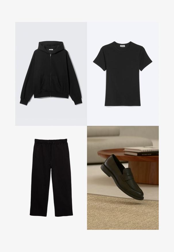 Sweat à capuche noir zippé avec poches avant, manches longues et capuche, présenté sur un fond uni clair.; T-shirt noir uni à manches courtes et col rond avec une étiquette de la marque Weekday à l’intérieur du col, présenté sur fond blanc.; Pantalons de survêtement noirs en tissu doux, avec une taille élastique et un cordon de serrage, deux poches latérales et une coupe décontractée.; Chaussure mocassin en cuir noir présentée en suspension au-dessus d'un tapis beige tissé, avec une table en bois et des livres empilés dans un salon doucement éclairé.
