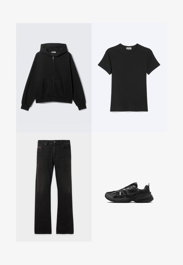 Sudadera negra con cremallera, bolsillos delanteros, mangas largas y capucha, mostrada sobre un fondo liso y claro.; Camiseta negra lisa de manga corta con cuello redondo y etiqueta de la marca Weekday dentro del cuello, mostrada sobre un fondo blanco.; Pantalones vaqueros de mezclilla negra de pierna recta con cinco bolsillos y cierre de botón, que muestran un ligero desvanecimiento en los muslos y las rodillas.; Zapatilla deportiva negra con parte superior de malla, suela de goma y acentos texturizados. Presenta un diseño de cordones y un logotipo distintivo en el lateral.