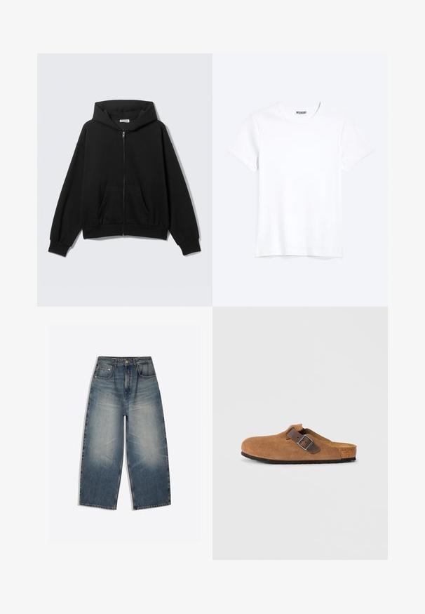 Zwarte hoodie met rits, voorzakken, lange mouwen en capuchon, getoond tegen een effen lichte achtergrond.; Effen witte T-shirt met korte mouwen en ronde hals met een zichtbaar WEEKDAY-merklabel bij de nek, weergegeven op een lichte achtergrond.; Wijde blauwe denim jeans met vervaagde voorkant, vijf zakken ontwerp, riemlussen en knoopsluiting, plat op een witte achtergrond gelegd.; Bruine suede klompen met een verstelbare bruine leren band en zilveren gesp, voorzien van een gevormde kurken voetbed en een gestructureerde rubberen zool.