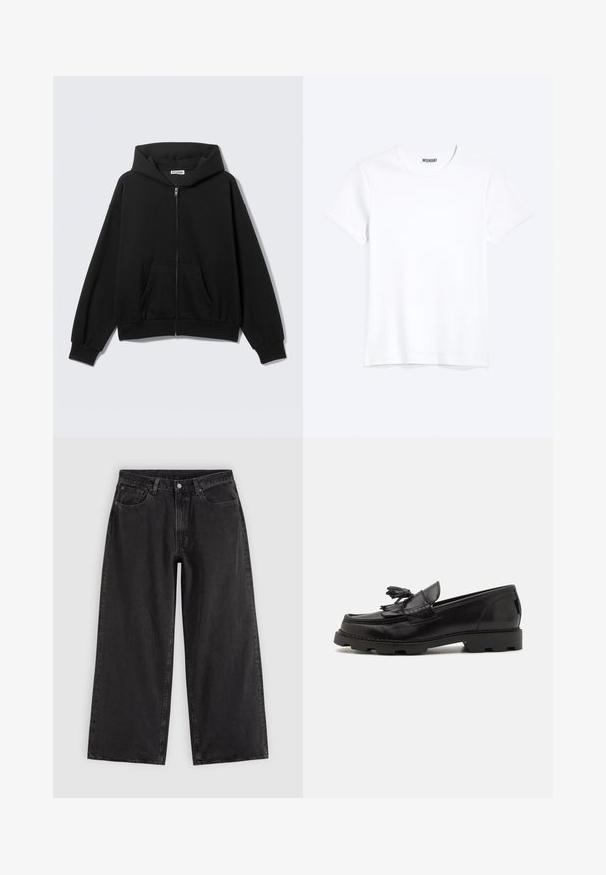 Sweat à capuche noir zippé avec poches avant, manches longues et capuche, présenté sur un fond uni clair.; T-shirt blanc uni à manches courtes et col rond avec une étiquette de la marque WEEKDAY visible au niveau du col, présenté sur un fond clair.; Jean en denim noir à jambes larges avec poches avant, passants pour ceinture et fermeture par boutons, présenté sur un fond clair uni.; Mocassin en cuir noir avec un design de loafer, featuring un frange décoratif et un gland, une surface texturée et une semelle en caoutchouc épaisse.