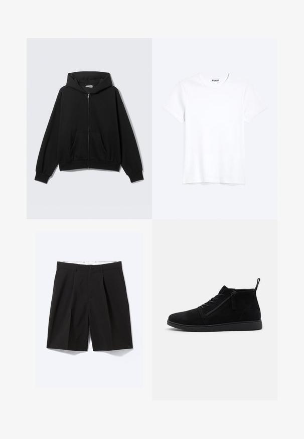 Sudadera negra con cremallera, bolsillos delanteros, mangas largas y capucha, mostrada sobre un fondo liso y claro.; Camiseta blanca lisa de cuello redondo y manga corta con una etiqueta visible de la marca WEEKDAY en el cuello, mostrada sobre un fondo claro.; Pantalones cortos negros confeccionados a medida hasta la rodilla con trabillas para cinturón, bolsillos laterales, cierre con botones y pinzas delanteras, extendidos sobre un fondo blanco.; Las botas de tobillo de ante negro cuentan con una punta redondeada, cordones frontales y una cremallera lateral. La suela es plana con un acabado texturizado para un mejor agarre.