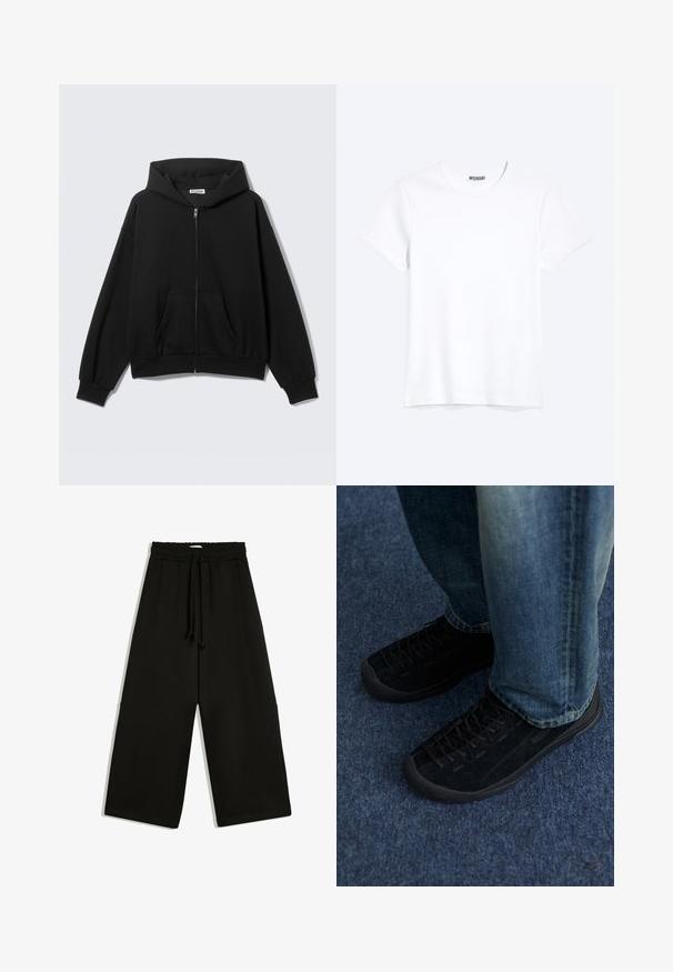 Sort hættetrøje med lynlås foran, forlommer, lange ærmer og hætte, vist mod en ensfarvet lys baggrund.; Enkelt hvid T-shirt med korte ærmer og rund hals med synligt WEEKDAY-mærke i kraven, vist på en lys baggrund.; Sorte vidde bukser med elastisk talje og snor, med løs pasform og sidelommer.; Sorte ruskindssneakers med tekstureret overflade, diskret snøring og holdbare gummisåler, parret med blå denim jeans.
