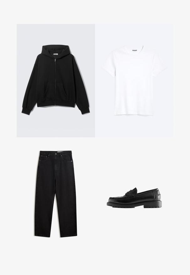 Sort hættetrøje med lynlås foran, forlommer, lange ærmer og hætte, vist mod en ensfarvet lys baggrund.; Enkelt hvid T-shirt med korte ærmer og rund hals med synligt WEEKDAY-mærke i kraven, vist på en lys baggrund.; Sorte denimbukser i bred benlængde. Har fem lommer, metalknaplukning og kontraststing. Glat tekstur, minimalistisk design.; Sort læderloafer med tyk gummisål og mokkasyningsstikning, sideblik på hvid baggrund.