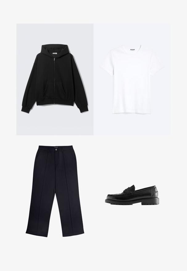 Schwarzer Kapuzenpullover mit Reißverschluss, Fronttaschen, langen Ärmeln und Kapuze, vor einem schlichten hellen Hintergrund dargestellt.; Schlichtes weißes T-Shirt mit kurzen Ärmeln und Rundhalsausschnitt mit gut sichtbarem WEEKDAY-Label am Kragen, dargestellt auf hellem Hintergrund.; Schwarze weite Hosen aus glattem Material mit Reißverschluss, Knopfverschluss und Fronttaschen. Auffällige Fältelung entlang jedes Beins.; Schwarzer Lederloafer mit dicker Gummisohle und Mokassinnaht, Seitenansicht auf weißem Hintergrund.