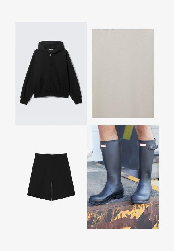 Sweat à capuche noir zippé avec poches avant, manches longues et capuche, présenté sur un fond uni clair.; T-shirt beige à col rond avec une texture de tissu lisse et uni, vu de face.; Short noir sur mesure avec passants de ceinture, plis devant et poches latérales, posé à plat sur un fond blanc.; Personne portant des bottes de pluie Hunter noires se tenant sur un bord métallique rouillé avec des marquages jaunes et noirs de précaution.