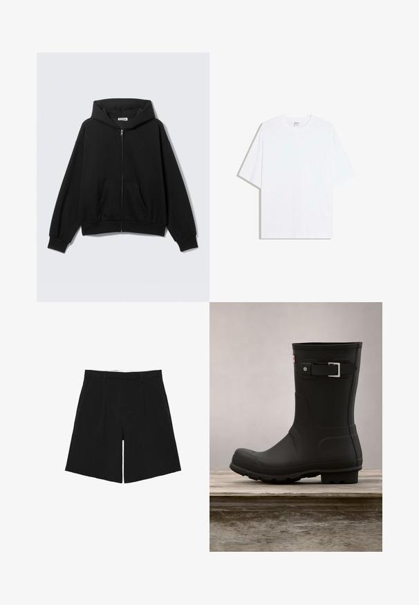 Sort hættetrøje med lynlås foran, forlommer, lange ærmer og hætte, vist mod en ensfarvet lys baggrund.; Hvid oversized bomulds t-shirt med rund hals og korte ærmer; glat tekstur, uden synlige mønstre eller accenter.; Sorte skræddersyede shorts med bæltestropper, forreste læg og sidelommer, lagt fladt på en hvid baggrund.; Sorte gummistøvler med lav hæl, rund tå og en sølv spændeaccent. Har en tekstureret sål for godt fodfæste.