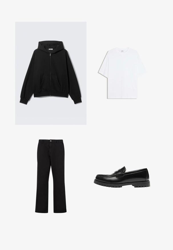 Zwarte hoodie met rits, voorzakken, lange mouwen en capuchon, getoond tegen een effen lichte achtergrond.; Wit oversized katoenen T-shirt met een ronde hals en korte mouwen; gladde textuur, zonder zichtbare patronen of accenten.; Zwarte rechte broek met knoopsluiting aan de voorkant, riemlussen en zijzakken, getoond op een witte achtergrond.; Zwarte leren loafer met een dikke rubberen zool en klassieke penny-strap details, gezien vanaf de buitenkant.