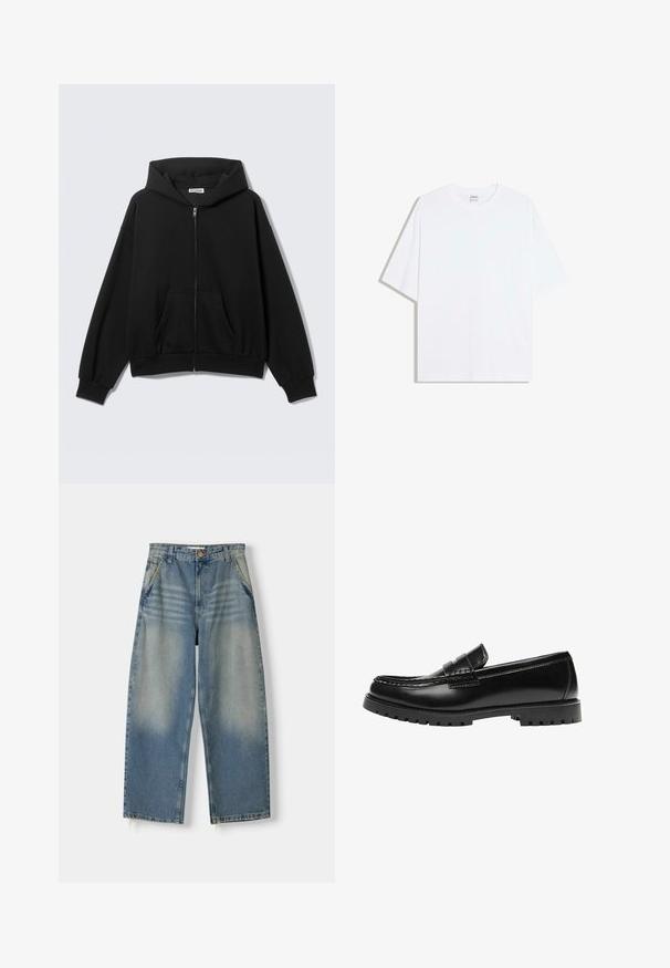 Zwarte hoodie met rits, voorzakken, lange mouwen en capuchon, getoond tegen een effen lichte achtergrond.; Wit oversized katoenen T-shirt met een ronde hals en korte mouwen; gladde textuur, zonder zichtbare patronen of accenten.; Lichtblauwe denim broek met wijde pijpen en een vervaagde afwerking, vijf zakken ontwerp en een ruwe zoom. Voorzien van een knoop- en ritssluiting aan de voorkant.; Zwarte leren loafer met een dikke rubberen zool en klassieke penny-strap details, gezien vanaf de buitenkant.