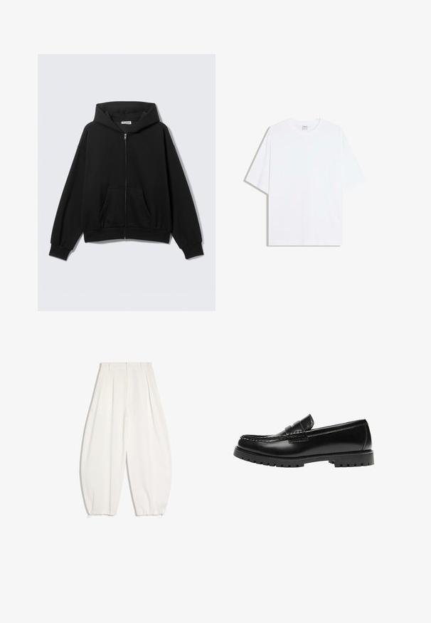 Zwarte hoodie met rits, voorzakken, lange mouwen en capuchon, getoond tegen een effen lichte achtergrond.; Wit oversized katoenen T-shirt met een ronde hals en korte mouwen; gladde textuur, zonder zichtbare patronen of accenten.; Witte broek met brede pijpen en plooien in de taille en elastische boorden, ontworpen met riemlussen en een rits aan de voorkant.; Zwarte leren loafer met een dikke rubberen zool en klassieke penny-strap details, gezien vanaf de buitenkant.