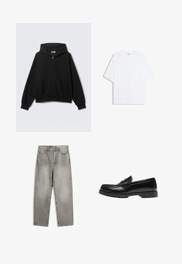 Sort hættetrøje med lynlås foran, forlommer, lange ærmer og hætte, vist mod en ensfarvet lys baggrund.; Hvid oversized bomulds t-shirt med rund hals og korte ærmer; glat tekstur, uden synlige mønstre eller accenter.; Grå denimbukser med lige ben, der har forlommer, en knaplukning og en subtil falmet tekstur.; Sort læderloafer med en kraftig gummisål og klassiske penny-strap detaljer, vist fra ydersiden.