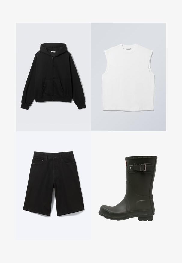 Zwarte hoodie met rits, voorzakken, lange mouwen en capuchon, getoond tegen een effen lichte achtergrond.; Wit mouwloos katoenen top met ronde hals en gestructureerde schouders, met het merk "WEEKDAY" op het label in de kraag, afgebeeld op een lichtgrijze achtergrond.; Zwarte denim short tot op de knie met voorste knoop, riemlussen en vijf zakken, afgebeeld tegen een witte achtergrond.; Zwarte rubberen regenlaars met een ronde neus, een gespband aan de bovenkant en een geprofileerde buitenzool voor grip.