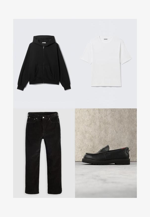 Sort hættetrøje med lynlås foran, forlommer, lange ærmer og hætte, vist mod en ensfarvet lys baggrund.; Hvid, kortærmet t-shirt med rund hals og et lille "WEEKDAY"-mærke på indersiden af bagkraven, vist på en flad overflade.; Sorte corduroy lige bukser med frontknap, lynlås, bæltestropper og fem-lomme design på en ensfarvet lys baggrund.; Sort læderloafer med robust sål og rødt indvendigt for, placeret i luften over beige tæppe og nær træmøbler.