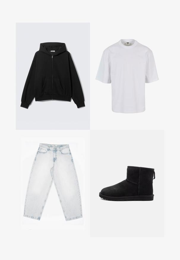 Sort hættetrøje med lynlås foran, forlommer, lange ærmer og hætte, vist mod en ensfarvet lys baggrund.; Hvid, kortærmet t-shirt lavet af bomuld. Har rund halsudskæring og løs pasform med en glat tekstur og ingen synlige mønstre eller grafik.; Lyseblå denimjeans med høj talje, lige brede ben, knap- og lynlåslukning samt lommer foran og bagpå.; Sort ruskind ankelstøvle med rund tå, minimale syninger, pull-tab og en tekstureret gummisål. Designet til varme og komfort.