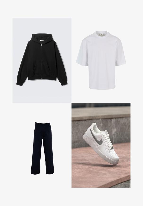 Sudadera negra con cremallera, bolsillos delanteros, mangas largas y capucha, mostrada sobre un fondo liso y claro.; Camiseta blanca de manga corta hecha de algodón. Presenta un cuello redondo y un corte holgado con una textura suave y sin patrones ni gráficos visibles.; Pantalones oscuros de navy con un diseño de pierna recta, confeccionados con una tela suave, que cuentan con bolsillos laterales y una cintura clásica.; Zapatilla blanca Nike Air Force 1 con logo swoosh gris flotando sobre una superficie de piedra y un fondo de pared de piedra gris.