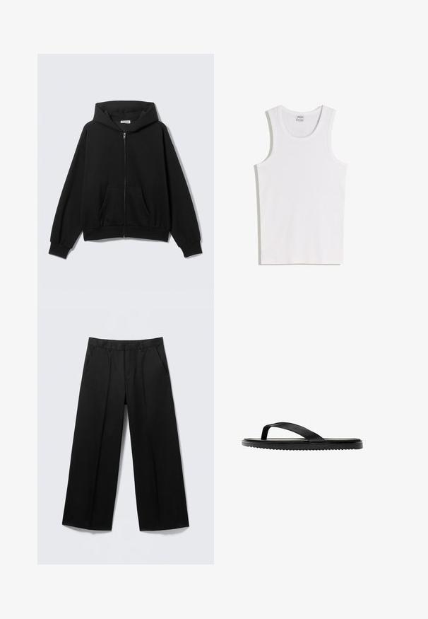 Sweat à capuche noir zippé avec poches avant, manches longues et capuche, présenté sur un fond uni clair.; Débardeur blanc en coton avec un col rond et de larges bretelles. Texture lisse, sans motifs ni accents, design simple.; Pantalon large noir avec passants pour ceinture, poches avant et fermeture éclair, présenté sur un fond gris clair.; Sandale noire en caoutchouc avec semelle texturée et bride simple en forme de Y, montrée de profil sur fond blanc.