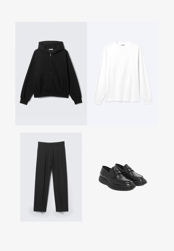 Sweat à capuche noir zippé avec poches avant, manches longues et capuche, présenté sur un fond uni clair.; Chemise blanche unie à manches longues avec col rond et poignets côtelés, présentée sur un fond clair neutre.; Pantalon noir ajusté avec plis avant, poches latérales, passants de ceinture et fermeture par bouton à la taille sur un fond clair.; Mocassins en cuir noir avec un bout arrondi, des coutures décoratives et une semelle en caoutchouc à plateforme. Présente une bandoulière décorative sur le devant.
