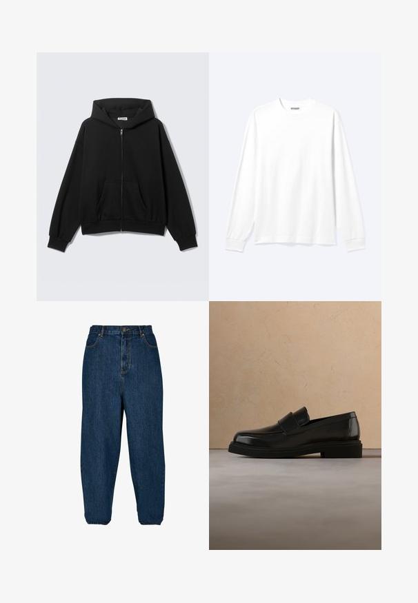 Sweat à capuche noir zippé avec poches avant, manches longues et capuche, présenté sur un fond uni clair.; Chemise blanche unie à manches longues avec col rond et poignets côtelés, présentée sur un fond clair neutre.; Jean en denim bleu foncé avec une coupe décontractée, taille haute et poignets élastiques. Il dispose d'une fermeture à bouton à l'avant et de cinq poches.; Mocassin en cuir noir flottant au-dessus d'un tapis beige texturé, avec une table basse ronde en bois et des livres en arrière-plan.