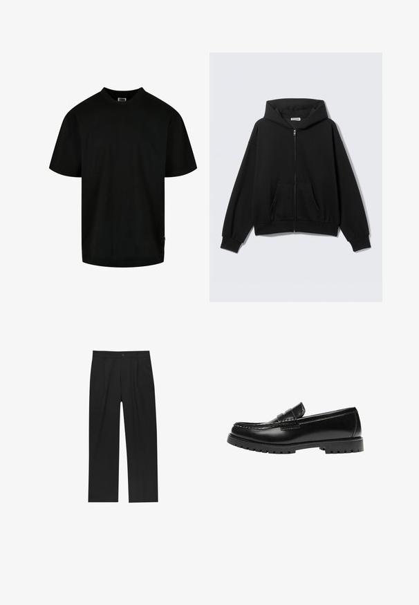 Schwarzer Kapuzenpullover mit Reißverschluss, Fronttaschen, langen Ärmeln und Kapuze, vor einem schlichten hellen Hintergrund dargestellt.; Schwarzes T-Shirt aus Baumwolle, mit Rundhalsausschnitt und kurzen Ärmeln in lockerer Passform. Einfaches Design, ohne Muster oder Grafiken.; Schwarze Hose mit geradem Schnitt, aus einem glatten Stoff gefertigt. Verfügt über Vorderfalten und einen einzelnen Knopfverschluss an der Taille.; Schwarzer Leder-Slipper mit dicker Gummisohle und klassischem Penny-Detail an der Riemen, von der Außenseite gezeigt.