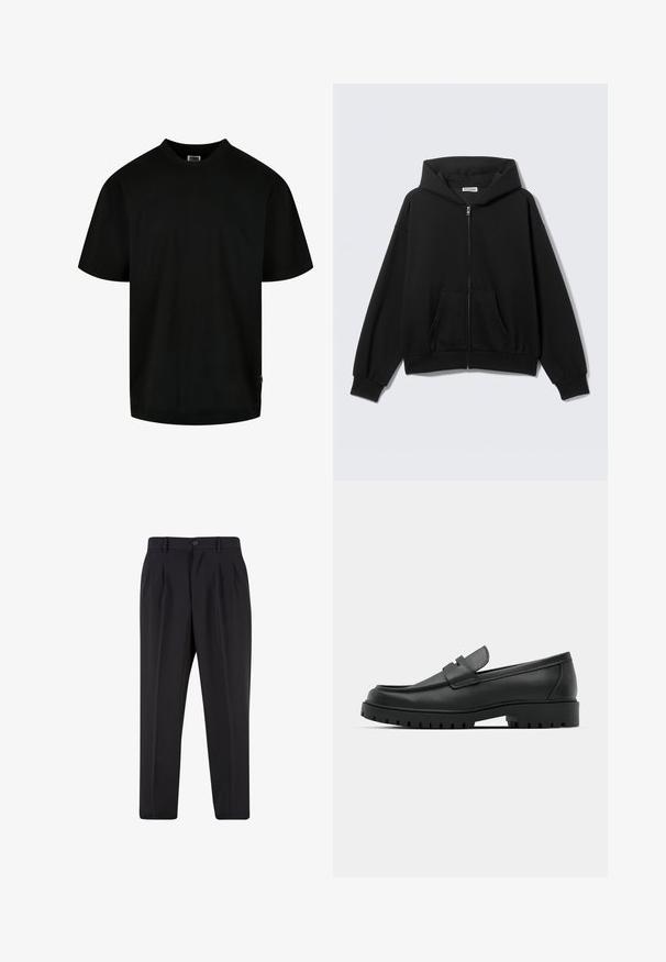 Schwarzer Kapuzenpullover mit Reißverschluss, Fronttaschen, langen Ärmeln und Kapuze, vor einem schlichten hellen Hintergrund dargestellt.; Schwarzes T-Shirt aus Baumwolle, mit Rundhalsausschnitt und kurzen Ärmeln in lockerer Passform. Einfaches Design, ohne Muster oder Grafiken.; Schwarze, maßgeschneiderte Hose mit vorderen Bundfalten, Gürtelschlaufen und Knopfverschluss an der Taille.; Schwarze Lederloafer mit runder Zehenform, ausgestattet mit einem gesteppten Design, niedrigem Plattformsohle und einer strukturierten, genoppten Gummisohle.