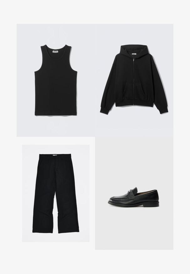 Sweat à capuche noir zippé avec poches avant, manches longues et capuche, présenté sur un fond uni clair.; Débardeur noir sans manches en côtes, col rond et étiquette de la marque Weekday à l'intérieur du col au dos.; Pantalon noir à rayures fines, confectionné dans un tissu lisse et léger. Présente une coupe longue à jambes larges et des poches avant.; Mocassins en cuir noir avec une finition lisse, dotés d'une bande supérieure texturée, d'un talon bas et de détails de couture minimalistes.