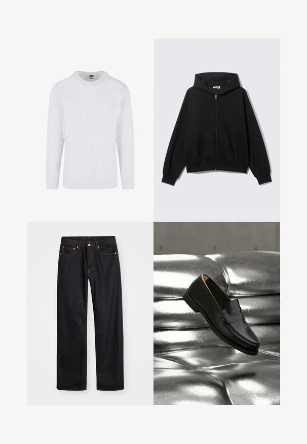 Sudadera negra con cremallera, bolsillos delanteros, mangas largas y capucha, mostrada sobre un fondo liso y claro.; Camiseta de manga larga y cuello redondo en algodón blanco. Textura suave con un diseño simple y sin patrones o acentos visibles.; Jeans de mezclilla negros de pierna recta para hombre, con cinco bolsillos y costuras en color naranja, cierre de botón y cremallera en la parte delantera de la cintura.; Zapato mocasín de cuero negro flotando sobre un sofá plateado brillante con tapizado capitoné de cuero en un ambiente minimalista.