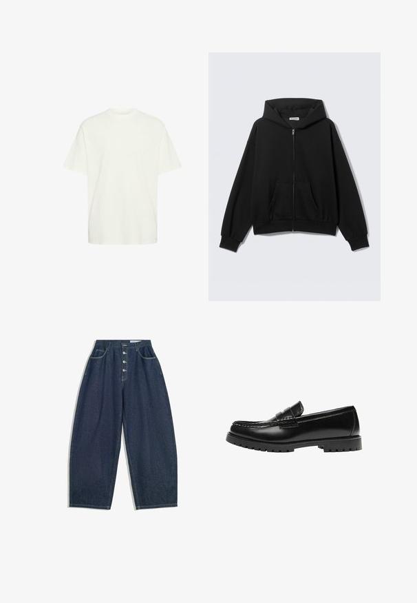 Sweat à capuche noir zippé avec poches avant, manches longues et capuche, présenté sur un fond uni clair.; T-shirt en coton blanc à coupe ample, col rond, manches courtes et ourlet plat, présentant une texture lisse et sans motifs visibles.; Pantalons en denim bleu foncé à jambes larges avec une taille haute, fermeture à cinq boutons et cinq poches. Présente des accents de couture sur les coutures.; Mocassin en cuir noir avec une semelle en caoutchouc épaisse et un détail classique de bride à monnaie, vu de côté extérieur.