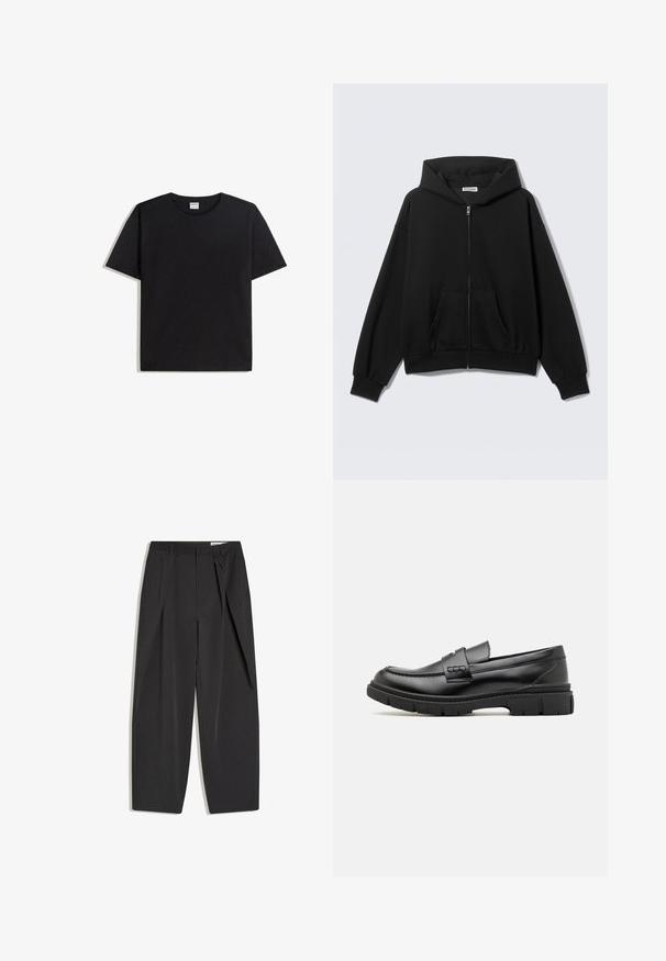 Sweat à capuche noir zippé avec poches avant, manches longues et capuche, présenté sur un fond uni clair.; T-shirt noir à col rond en coton avec manches courtes. Il offre une coupe décontractée, sans motifs ni accents, avec une texture lisse.; Pantalon noir taille haute, coupé droit, avec pinces et passants de ceinture, présenté à plat sur un fond blanc.; Mocassin en cuir noir avec une large sangle sur le devant, semelle en caoutchouc à épaisse rainure, et texture lisse. Design classique et élégant.