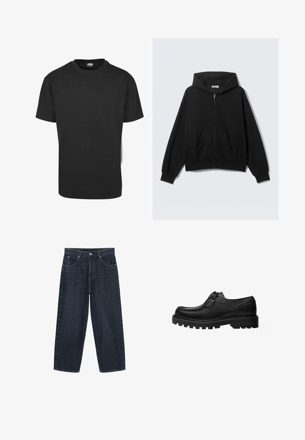 Sweat à capuche noir zippé avec poches avant, manches longues et capuche, présenté sur un fond uni clair.; T-shirt en coton noir à manches courtes, col rond et coupe standard. Le tissu semble lisse et sans décoration.; Jean large à jambes larges bleu foncé avec poches avant, fermeture à boutons, et petites décorations en forme d'étoiles le long des coutures extérieures des deux jambes.; Chaussure noire en cuir à lacets avec une semelle épaisse et robuste et des coutures détaillées sur la tige, conçue pour un usage formel ou décontracté.