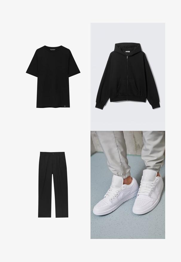 Sweat à capuche noir zippé avec poches avant, manches longues et capuche, présenté sur un fond uni clair.; T-shirt noir à manches courtes en coton, avec un col ras du cou et une petite étiquette de marque en bas à gauche.; Pantalons noirs au design droit, fabriqués à partir d'un tissu lisse. Dotés de plis sur le devant et d'une fermeture à un bouton à la taille.; Des baskets en cuir blanc présentent une zone de perforation à l'avant, des lacets plats, un col rembourré et le logo Jordan sur la languette. Portées avec un pantalon de jogging gris.