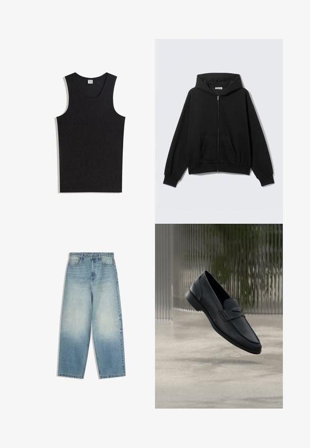 Sort hættetrøje med lynlås foran, forlommer, lange ærmer og hætte, vist mod en ensfarvet lys baggrund.; Sort tanktop lavet af bomuld med rund halsudskæring og ærmeløs design. Glat tekstur uden synlige mønstre eller accenter.; Lyseblå vide denimjeans med forlommer, knaplukning og falmet vaskepatina på lår og knæ.; Sort læderloafer med glat finish, spids tå og sømdetaljer over vristen. Lav hæl og minimalistisk design.