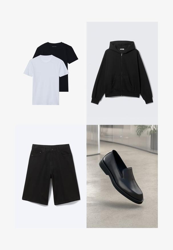 Sort hættetrøje med lynlås foran, forlommer, lange ærmer og hætte, vist mod en ensfarvet lys baggrund.; To kortærmede t-shirts med rund hals, en sort og en hvid, lavet af blødt bomuldsstof med ribbet struktur. Klassisk pasform design.; Sorte denim shorts til knæet med frontknap, bæltestropper og fem lommer, vist mod en hvid baggrund.; Sorte lædersslip-on sko med rund tå, forhøjet frontpanel og struktureret gummisål, placeret mod en glat gulv.
