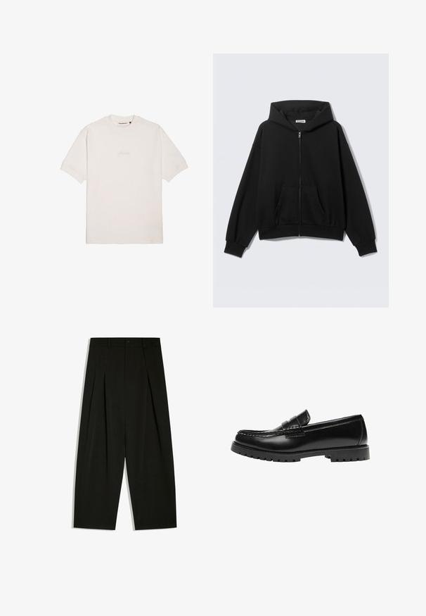 Sweat à capuche noir zippé avec poches avant, manches longues et capuche, présenté sur un fond uni clair.; T-shirt blanc à manches courtes en coton doux, avec un logo de marque subtilement gaufré sur la poitrine et un col rond classique.; Pantalon noir à jambes larges avec plis, passants pour ceinture et fermeture par bouton à la taille.; Mocassin en cuir noir avec une semelle en caoutchouc épaisse et un détail classique de bride à monnaie, vu de côté extérieur.