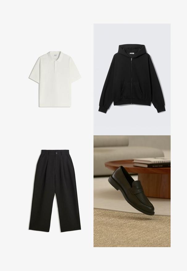 Sweat à capuche noir zippé avec poches avant, manches longues et capuche, présenté sur un fond uni clair.; Polo blanc à manches courtes avec patte à deux boutons et col classique, posé à plat sur fond blanc.; Pantalons noirs à coupe décontractée, avec des plis à l'avant, des poches latérales et une fermeture à bouton. Fabriqués en tissu texturé.; Chaussure mocassin en cuir noir présentée en suspension au-dessus d'un tapis beige tissé, avec une table en bois et des livres empilés dans un salon doucement éclairé.