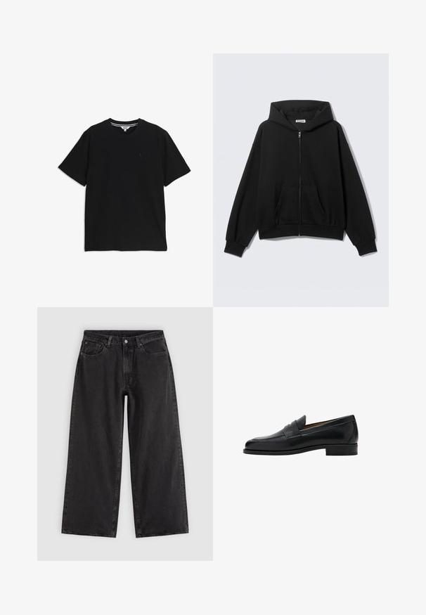 Sweat à capuche noir zippé avec poches avant, manches longues et capuche, présenté sur un fond uni clair.; T-shirt noir à manches courtes et col rond, avec un petit logo brodé sur le côté gauche de la poitrine et une étiquette intérieure rayée au niveau du col.; Jean en denim noir à jambes larges avec poches avant, passants pour ceinture et fermeture par boutons, présenté sur un fond clair uni.; Mocassin penny en cuir noir avec talon bas, bout arrondi et une bride sur la partie supérieure de la chaussure.
