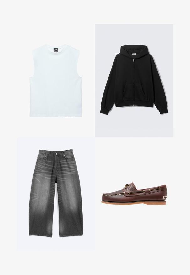 Sweat à capuche noir zippé avec poches avant, manches longues et capuche, présenté sur un fond uni clair.; Haut blanc sans manches à encolure ronde avec un ourlet droit et une étiquette de marque noire à l'intérieur du col arrière.; Jean en denim noir délavé à jambes larges avec poches avant et fermeture à boutons, présenté à plat sur fond clair.; Chaussure bateau en cuir marron avec coutures blanches, détails de lacets et semelle en caoutchouc beige, vue de côté sur fond blanc.