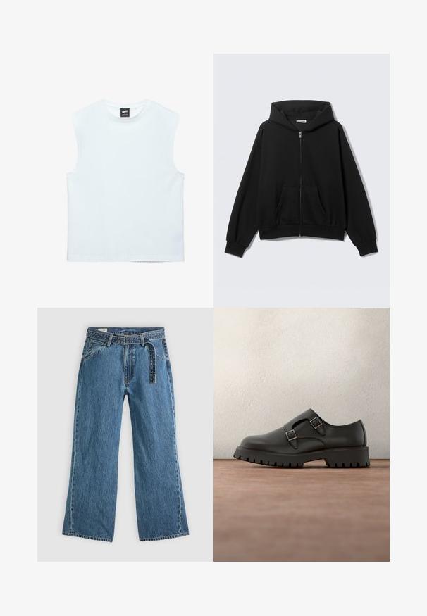 Sweat à capuche noir zippé avec poches avant, manches longues et capuche, présenté sur un fond uni clair.; Haut blanc sans manches à encolure ronde avec un ourlet droit et une étiquette de marque noire à l'intérieur du col arrière.; Jeans bleu en denim à jambes larges avec une ceinture attachée, poches avant et couture visible sur un fond clair.; Chaussure en cuir noir avec double boucle, pointe arrondie et semelle épaisse en caoutchouc texturé. Design minimaliste avec intérieur bleu contrastant.