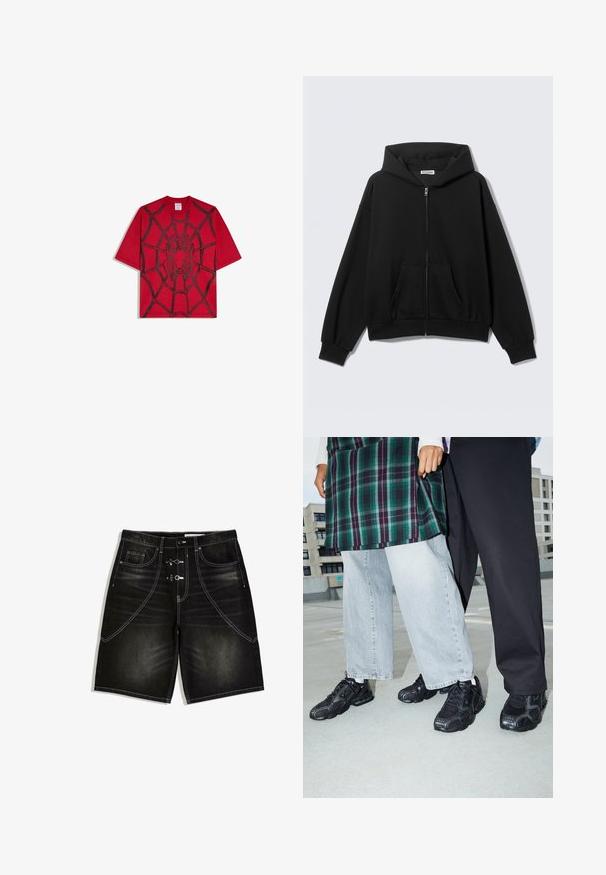 Zwarte hoodie met rits, voorzakken, lange mouwen en capuchon, getoond tegen een effen lichte achtergrond.; Rood T-shirt met korte mouwen met een zwarte spin en webafbeelding op de voorkant, Marvel-logo op het label in de kraag.; Zwarte denim shorts met vervaagde plekken, witte stiksels, twee voorzakken en twee metalen haaksluitingen boven de rits.; Zwarte sportieve schoenen met mesh- en rubberaccenten. Draagt een lichtgrijze wijde spijkerbroek en een groen geruit shirt. Effen achtergrond.
