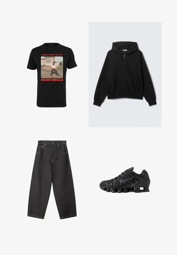 Sort hættetrøje med lynlås foran, forlommer, lange ærmer og hætte, vist mod en ensfarvet lys baggrund.; Sort bomulds T-shirt med et vintage billede og rød tekst, der står "I GOT A STORY TO TELL BIGGIE SMALLS" under billedet.; Sorte denim brede bukser med gule sømme, fem-lomme-design og en mid-rise talje. Struktureret stof med en glat overflade.; Sorte atletikskoser lavet af mesh og syntetiske materialer, med et karakteristisk bølget design, sort gummisål og reflekterende detaljer.